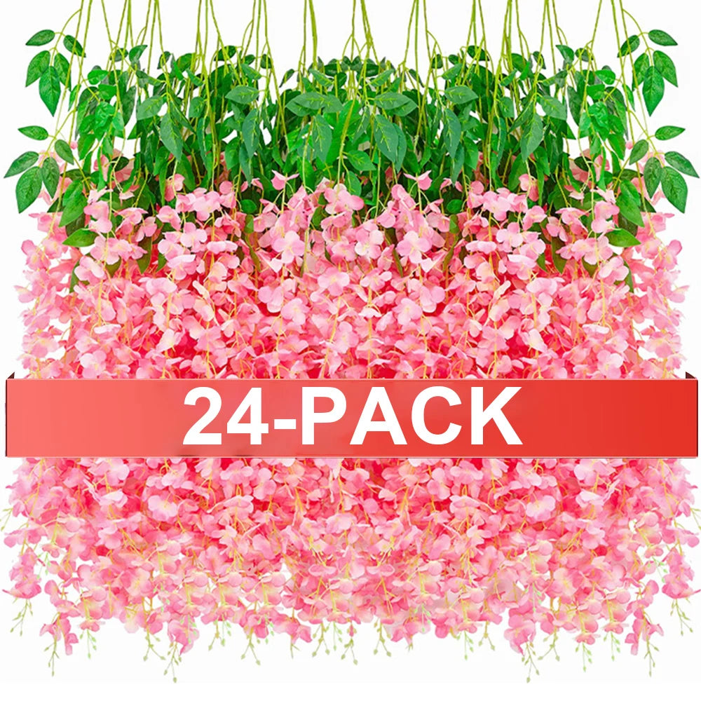 24PCS Artificial Wisteria Flowers Hanging Garland Fake Ivy Vine Flower String for Arch Wedding Party Home Room Decoration Flower