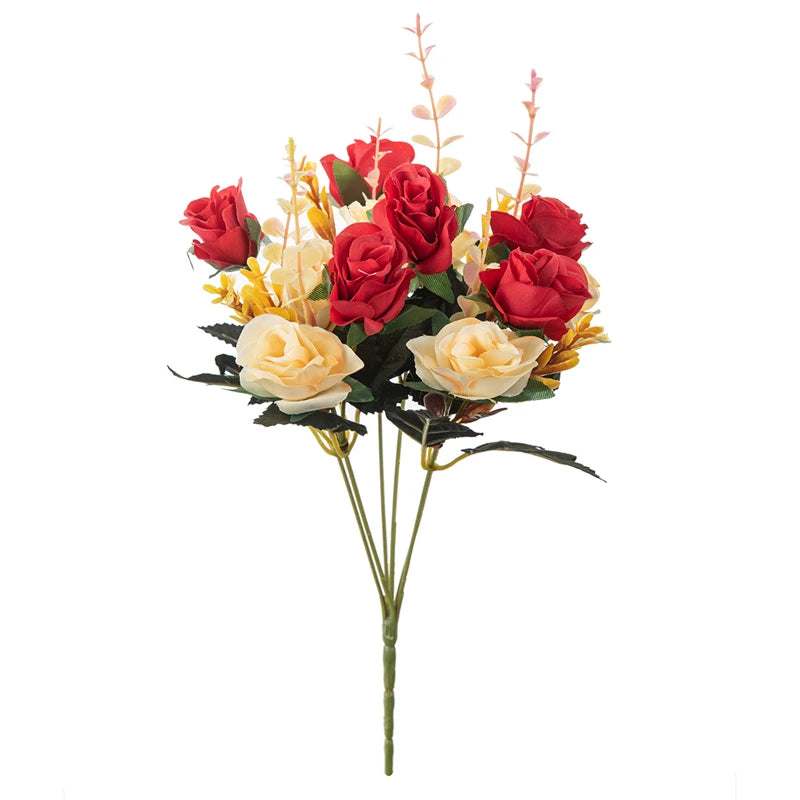 12 Heads Artificial Flowers Silk Mini Roses with Leaf Bouquet for Home Hotel Wedding Christmas Tables Decorations Bridal Bouquet