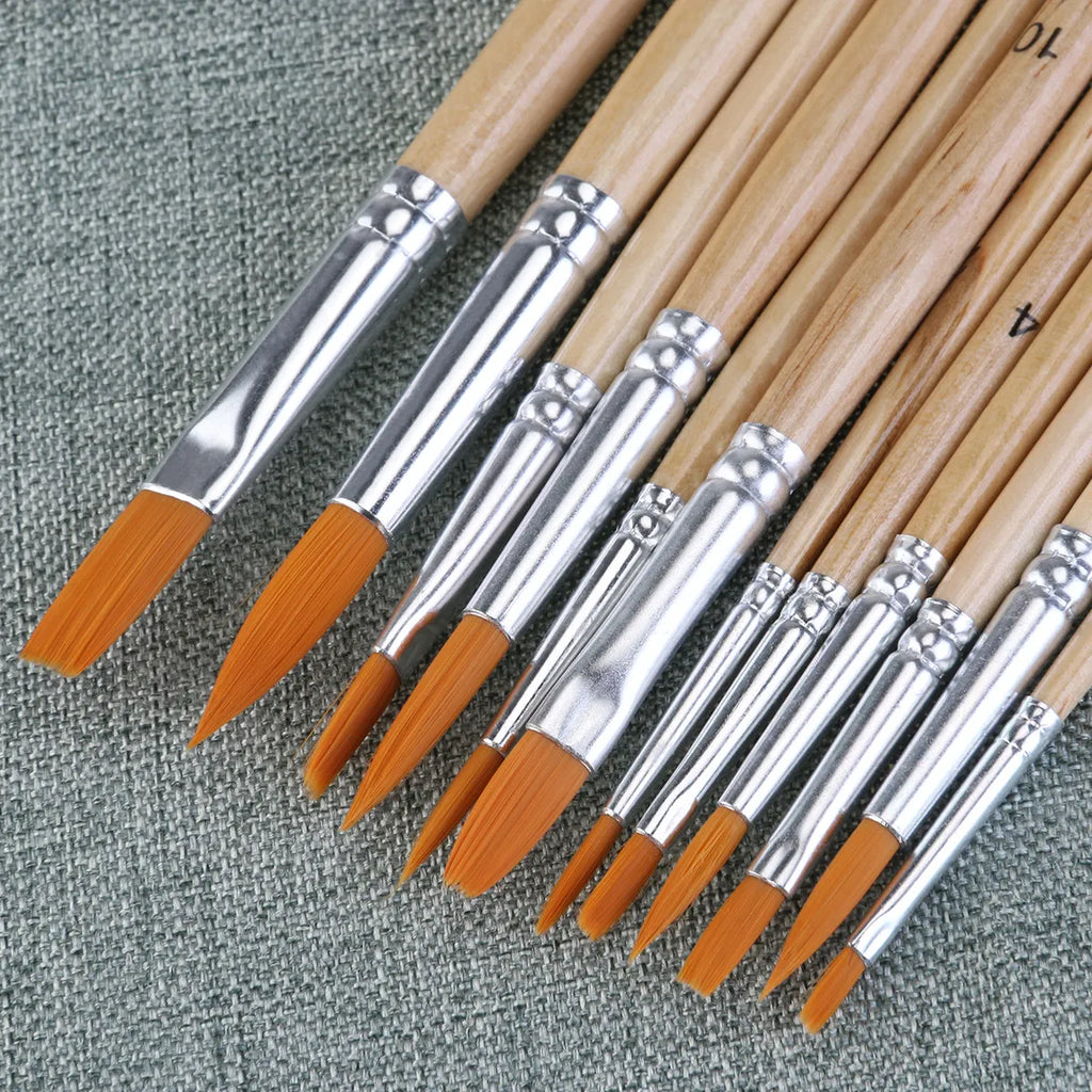 12Pcs Professional Watercolor Brush Set for Artists Acrylic Oil Painting Nylon Hairs Round Pointed Flat Double Crimped Ferrules