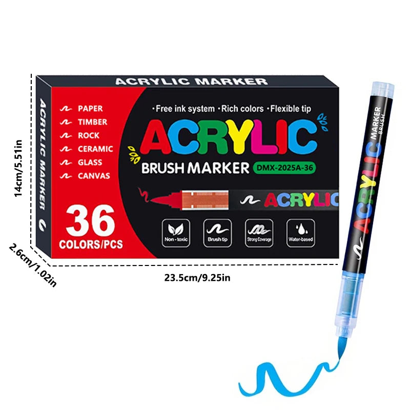 Acrylic  Markers Brush Tip Paint Marker 12-72 Colors Acrylic Paint Pen for Rock Canvas Wood Ceramic Adult Coloring DIY Crafts