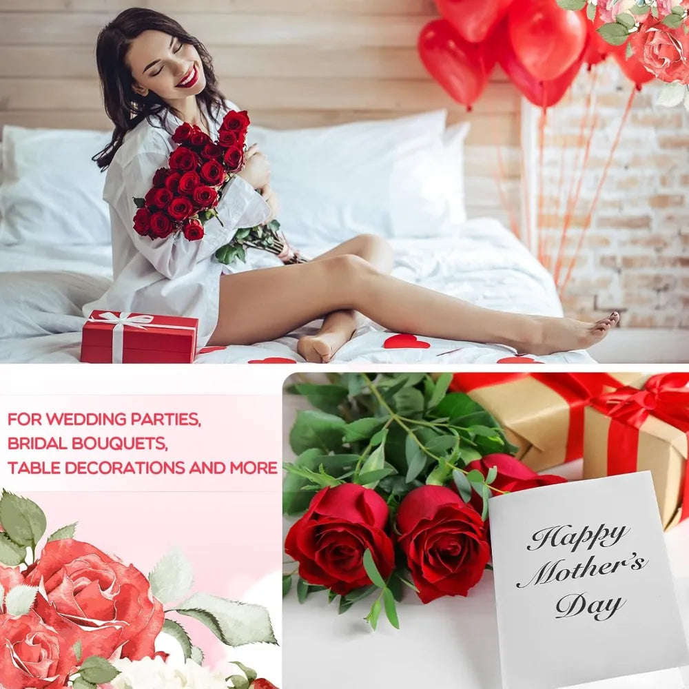 500 Pcs Artificial Silk Roses with Long Stems for Wedding Bouquet Home Party Decoration Gifts (Red)