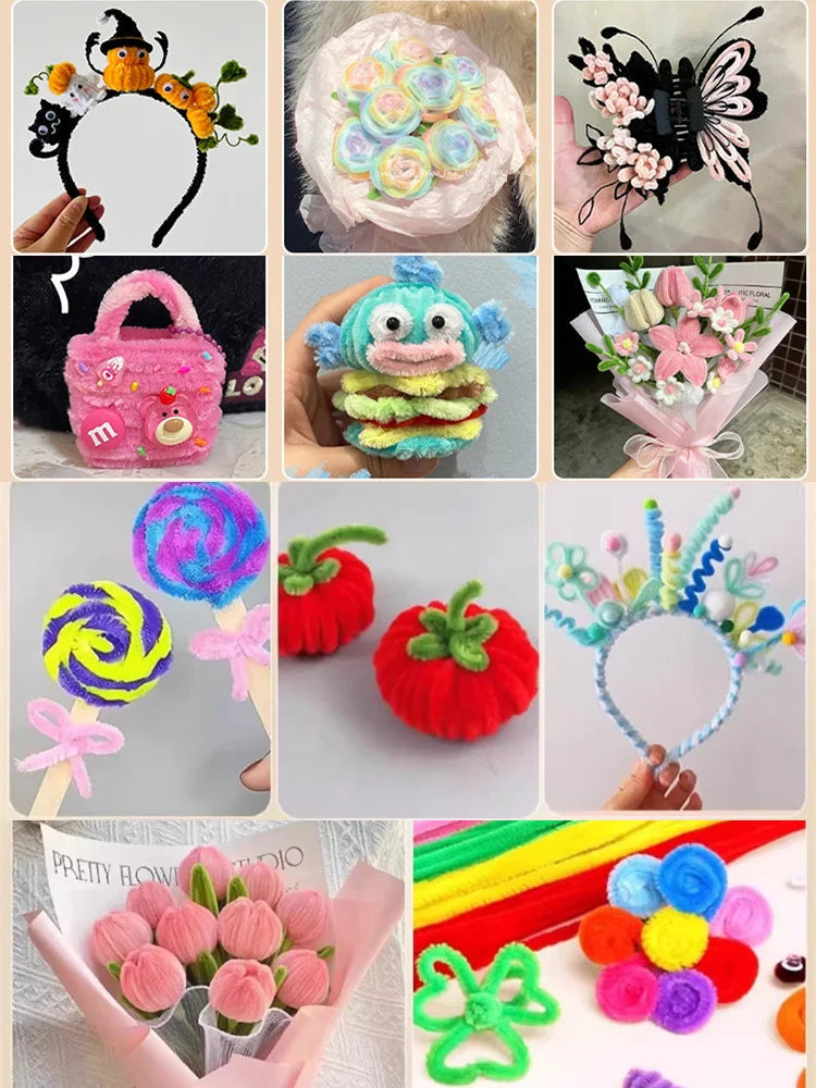 100Pcs Colorful Chenille Stems Pipe Cleaners Plush Tinsel Stem Wired Twist Sticks DIY Hair Flowers Kids Toys Handmade Craft Gift
