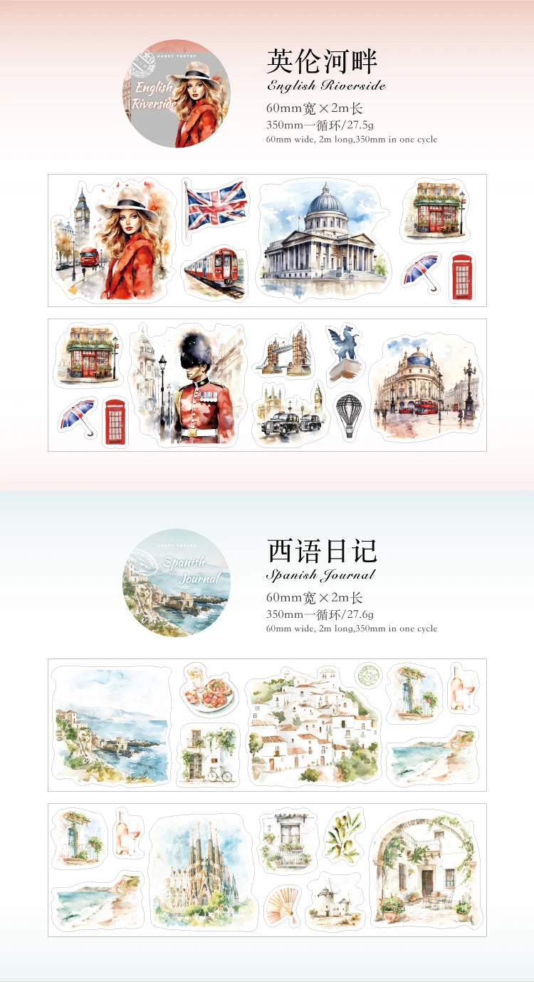 60mm*2m PET Travel Landscape Tape Stickers Creativity Hand Account Adhesive hand made Diy Junk Journal Scrapbooking Supplies