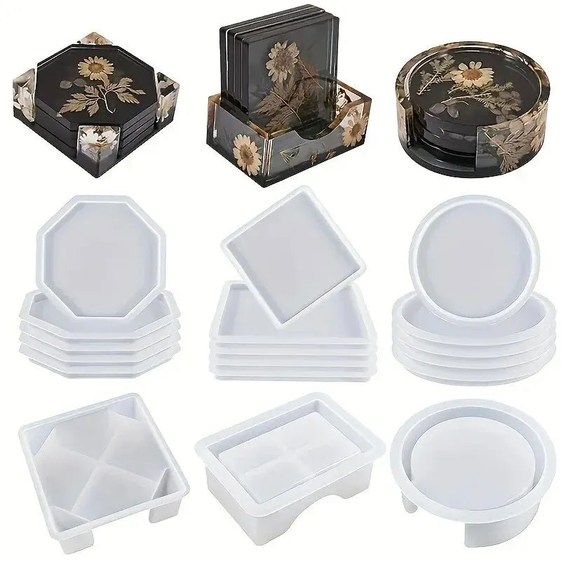 Coaster Resin Molds Set Include 1pc Coaster Storage Box Mold, 4Pcs Silicone Resin Coaster Mold for Epoxy Resin