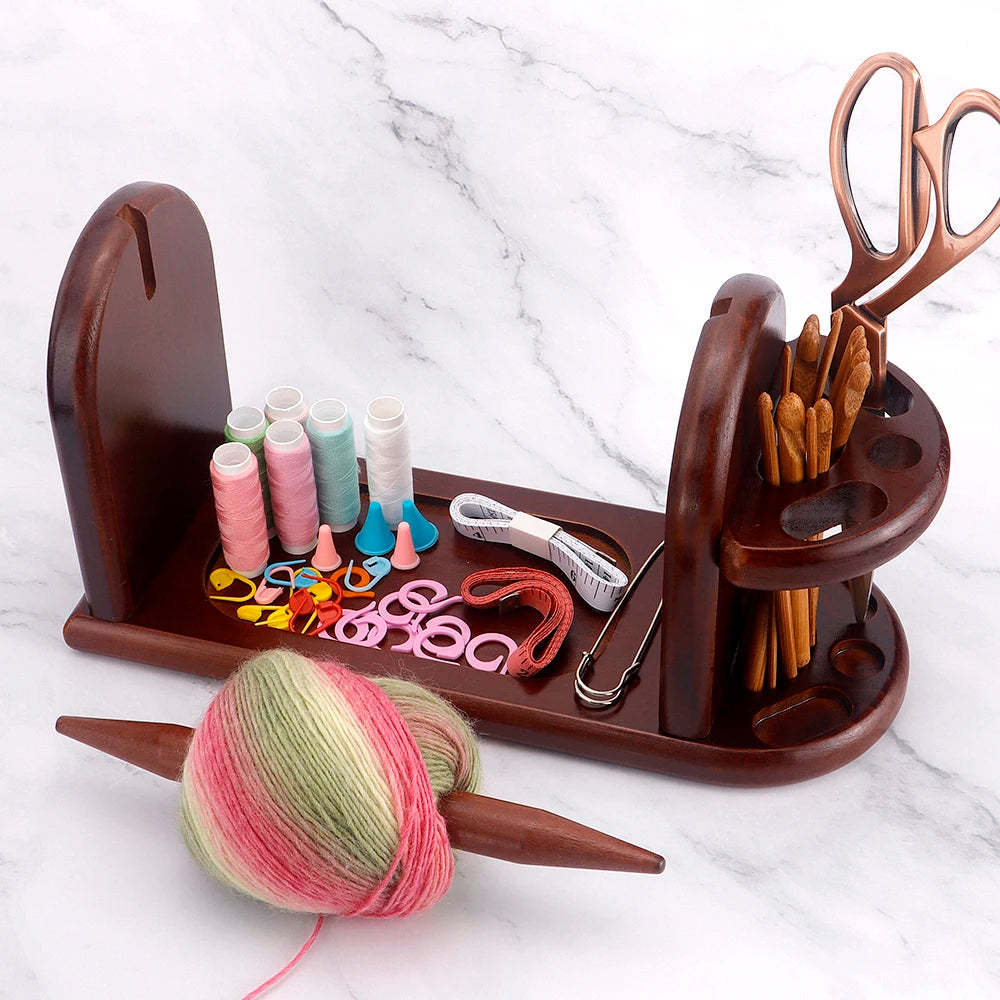 1pcs Burgundy Red Wooden Desktop Yarn Holder with Storage Rack- DIY Knitting & Crochet Wool Yarn Rotating Winder Organizer Stand