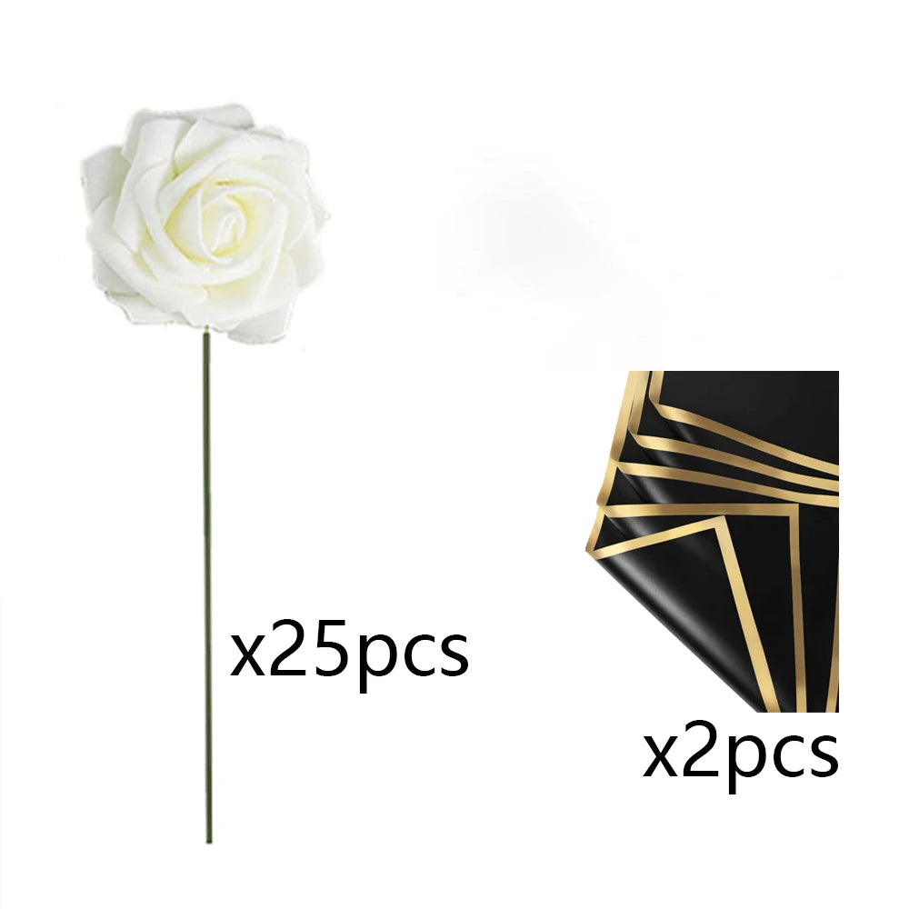 Red Rose Artificial Flowers DIY Bouquets 25PCS Set PE Roses Fake Flower for Wedding Party Centerpieces Decor Valentines Gifts