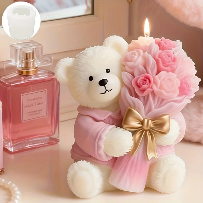 Cute Bear Holding Flower 3D Silicone Mold for Clay Candle Plaster Craft, Valentine Wedding Christmas Birthday Gift Decor
