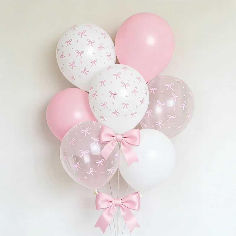 10pcs Pink Bowknot Pattern Latex Balloons Set Girls Birthday Baby Shower Princess Party Decor Romantic Pink Party Supplies ﻿ ﻿