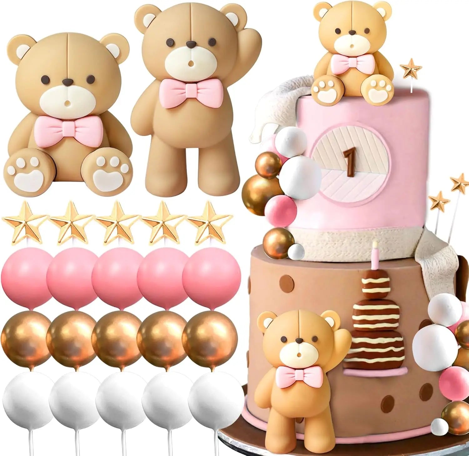 Luxury Teddy Bear Cake Decoration Bear Birthday Cake Topper With Bow for Baby Shower Girl's Birthday Party Supplies