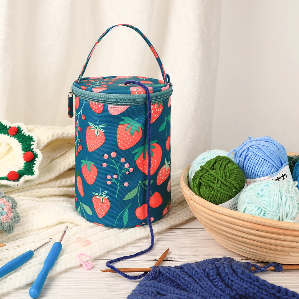 Portable Round Yarn Storage Bags Knitting Wool Yarn Bags Organizer Waterproof Crochet Hooks Bag for Sewing Accessories Tools