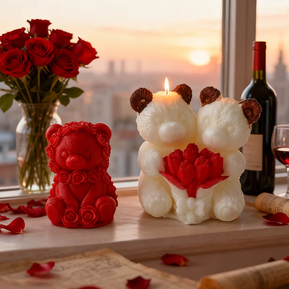 Love Rose Bear Silicone Candle Mold Handmade Valentine's Day Gifts Gypsum Resin Mould DIY Home Decoration Crafts Making Molds