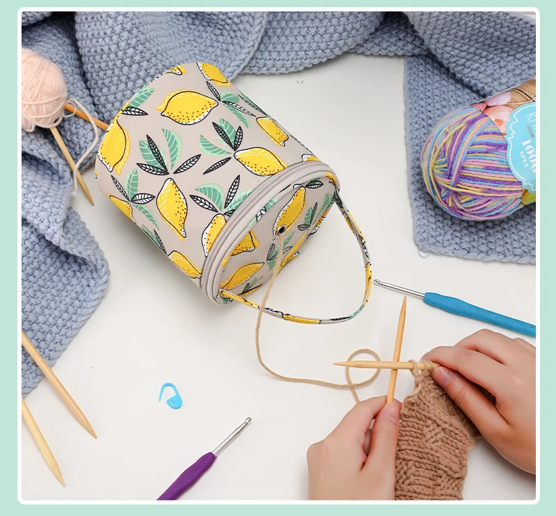 Round Yarn Handheld Storage Bag Portable Knitting Bag with Thread Hole DIY Yarn Sewing Tools Organize Crochet Hook Storage Bag