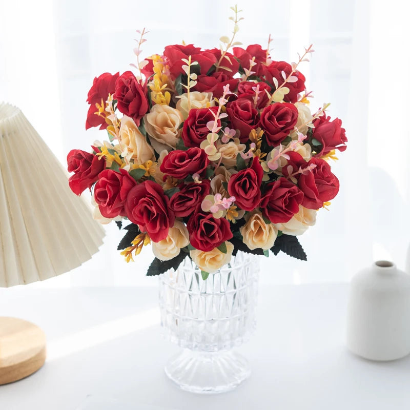 12 Heads Artificial Flowers Silk Mini Roses with Leaf Bouquet for Home Hotel Wedding Christmas Tables Decorations Bridal Bouquet