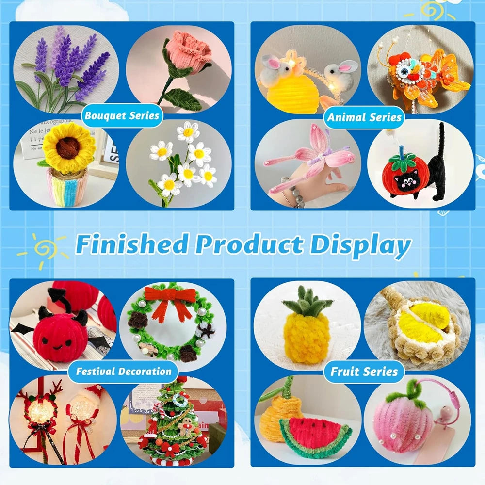 1500-100Pcs Multicolor Craft Pipe Cleaners Chenille Stems Plush Stick DIY Twisting Sticks for Kids Arts Handcraft Decor