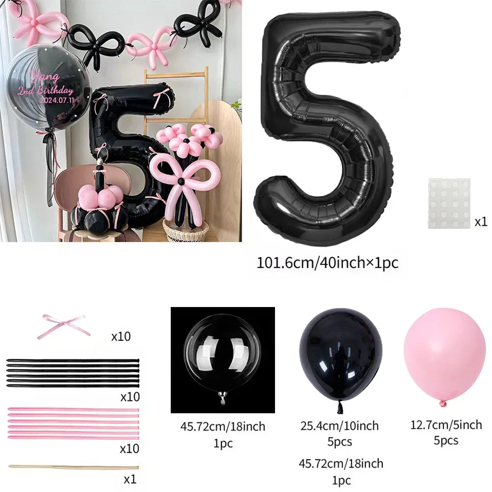 45 Pieces Pink Latex Balloon Black Number Balloon Set  for Girls Pink Butterfly Birthday Party, Anniversary Decoration (0-9)