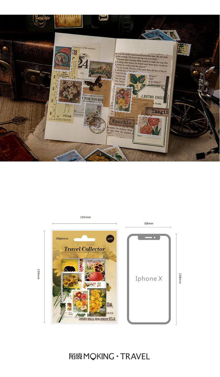 6style 30 pcs Travel Philatelic Stamp Decorative Gold Stickers DIY Scrapbook Label Diary Stationery Album Journal Sticker