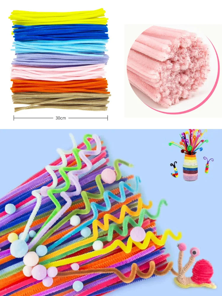 100Pcs Colorful Chenille Stems Pipe Cleaners Plush Tinsel Stem Wired Twist Sticks DIY Hair Flowers Kids Toys Handmade Craft Gift
