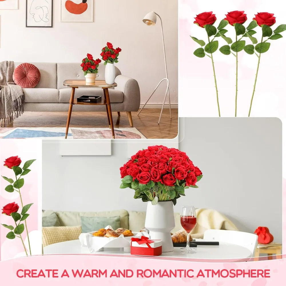 500 Pcs Artificial Silk Roses with Long Stems for Wedding Bouquet Home Party Decoration Gifts (Red)