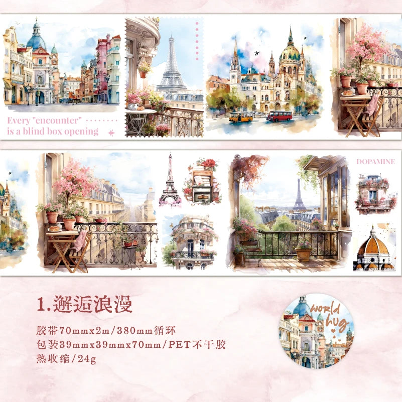 Yoofun 7x200cm Travelling The World Buildings Washi Tape DIY Scrapbooking Collage Junk Journal Sticker Label Masking Tape