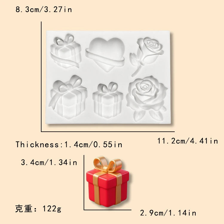 Valentine's Day Rose Silicone Molds Gift Box Bird and Dress Fondant Candy Chocolate Mould Wedding Cake Decoration Accessories