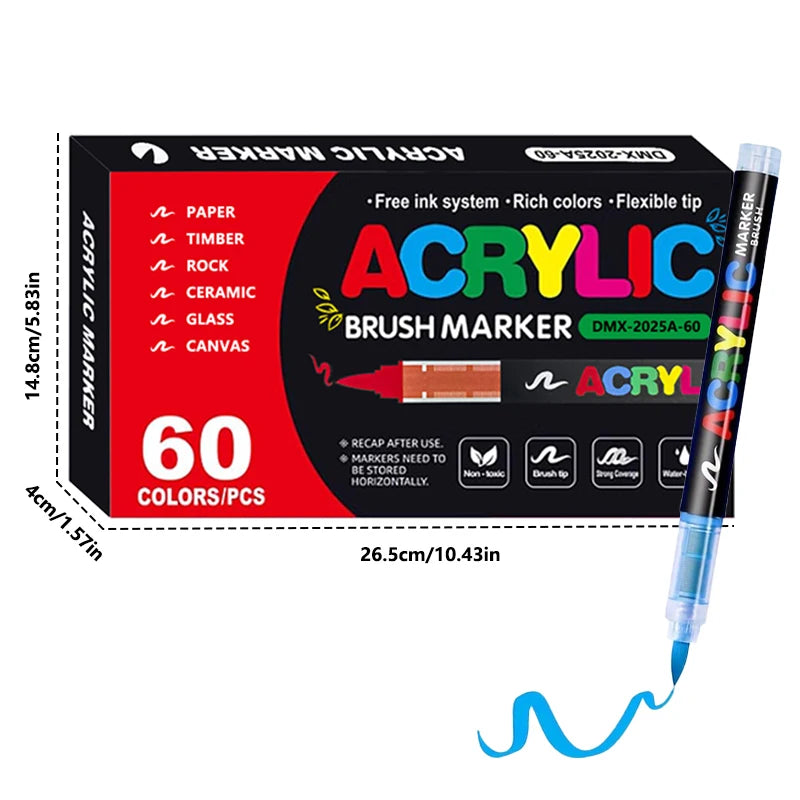 Acrylic  Markers Brush Tip Paint Marker 12-72 Colors Acrylic Paint Pen for Rock Canvas Wood Ceramic Adult Coloring DIY Crafts