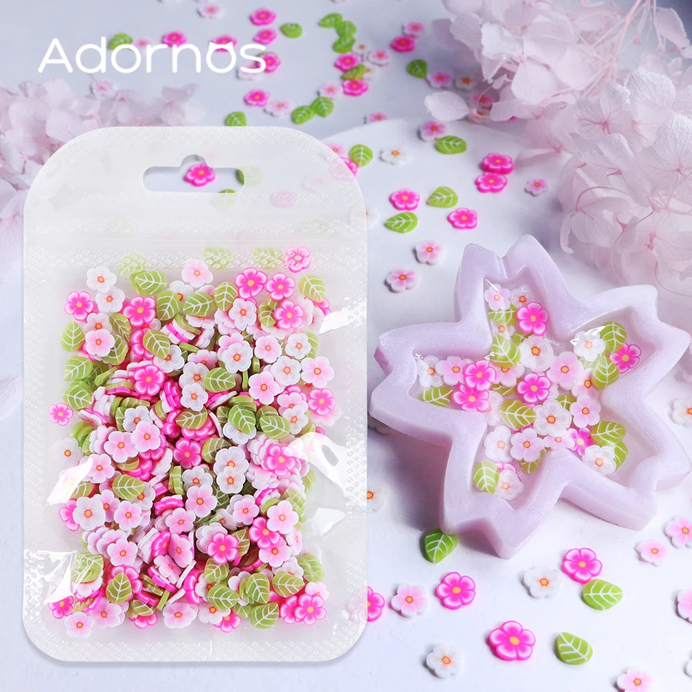 10g Pink Flowers Polymer Clay Slices Epoxy Resin Filling Mixed Cherry Blossom Leaf Slime Flake Spring DIY Pendant Crafts Making