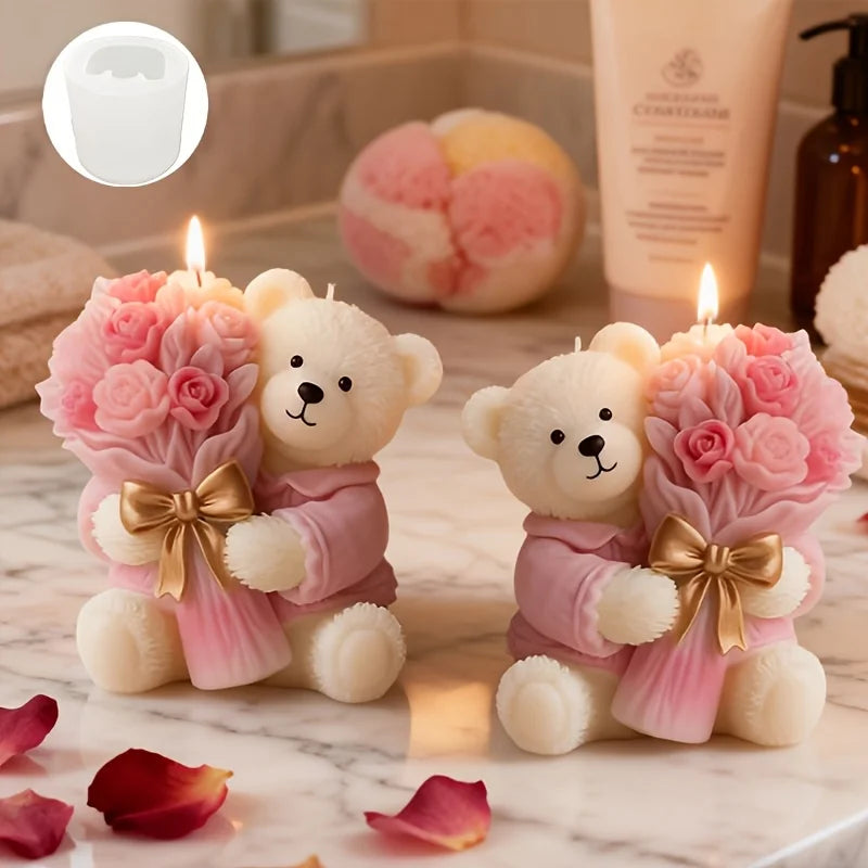 Cute Bear Holding Flower 3D Silicone Mold for Clay Candle Plaster Craft, Valentine Wedding Christmas Birthday Gift Decor