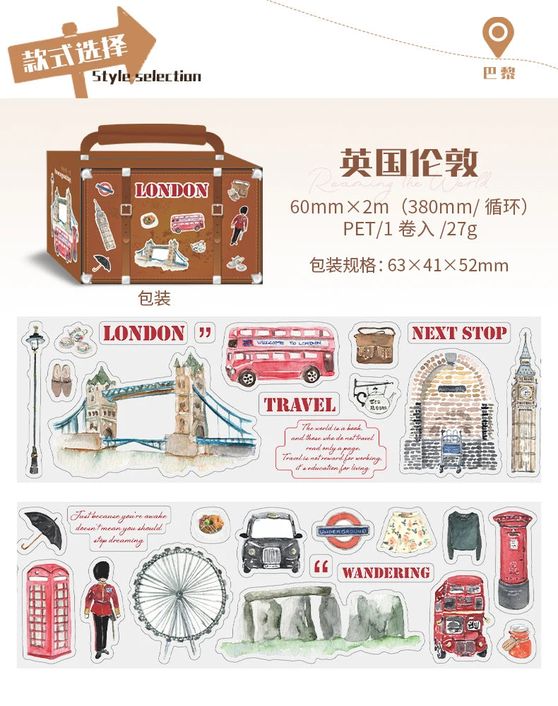 60mm*2m PET Tapes World Travel DIY Scrapbooking Decor Photo Album Collage Junk Journal Materials Aesthetics Stickers