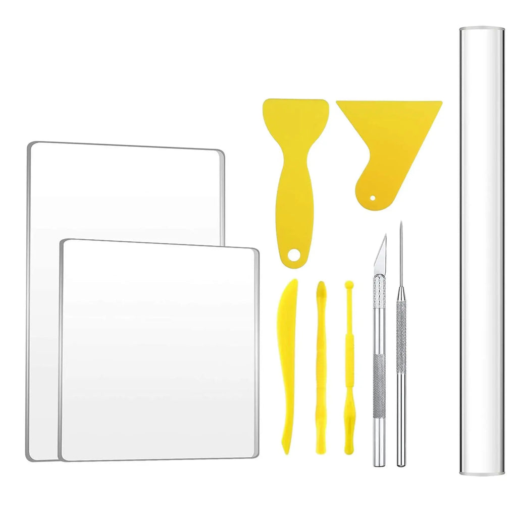 10x Acrylic Clay Roller with Acrylic Sheet Backing Board Assisted Shovel Rubber Clay Tools Hand-Made DIY Clay Tool Materials