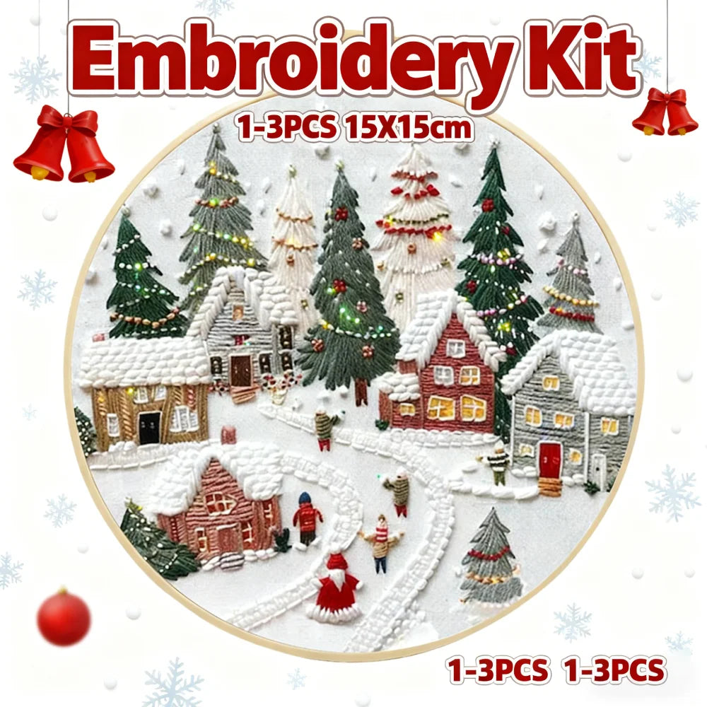 1-3Pcs Christmas Cross Stitch DIY Embroidery Kit Christmas Scene Includes Embroidery Hoop Embroidery Cloth Threads Needles