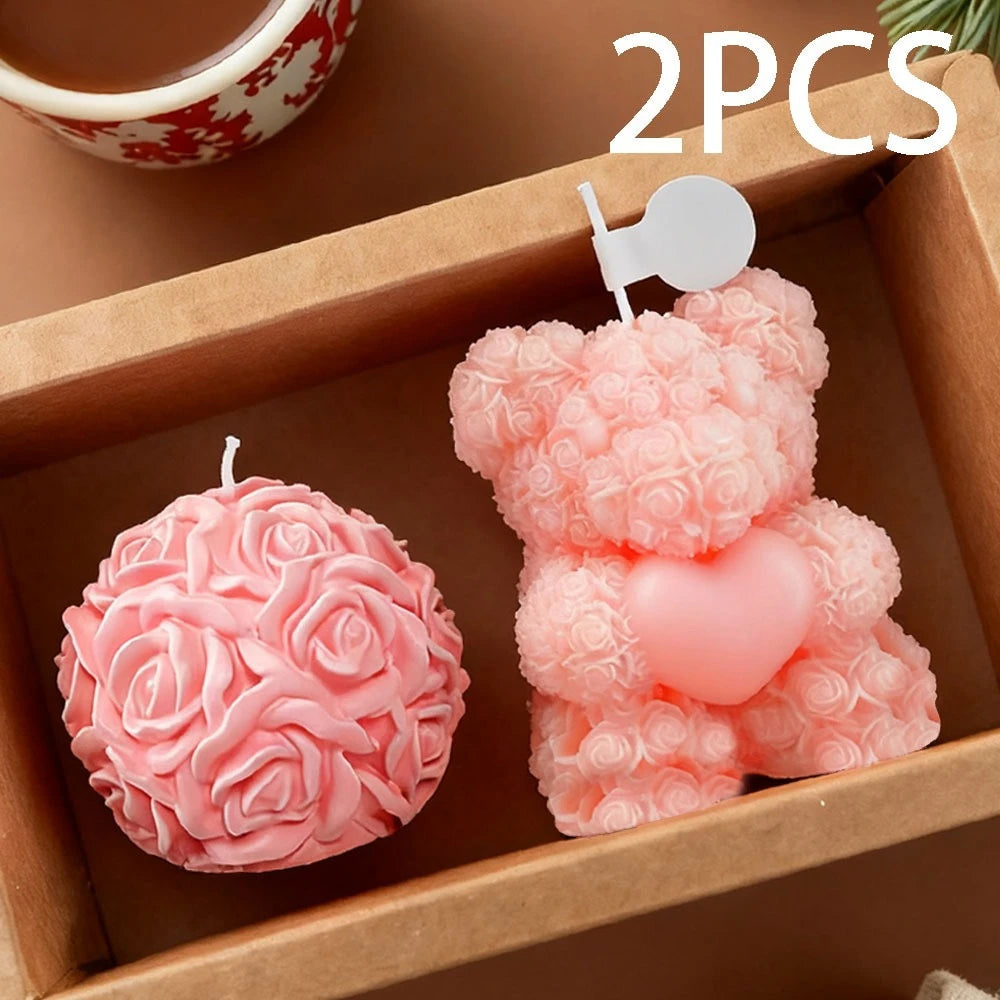 4 Style 2pcs Set Valentine's Day Teddy Bear Silicone Candle Mold Romantic Rose Heart Flower Gypsum Soap Making Tool DIY Souvenir