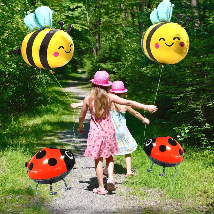 Cartoon Bee & Ladybug Balloons (4 Pcs) - 2 Big Smiling Bees & 2 Walking Ladybugs  for Baby Showers, Birthdays Bee Theme Decor