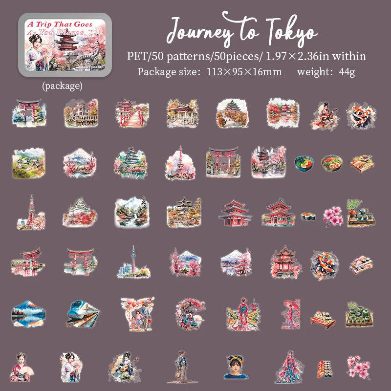 50pcs，Travel Scenery Themed Stickers Pack, Scrapbook Stickers，Perfect for Notebook Phone Case Diary Deco，Stationery  Supplies