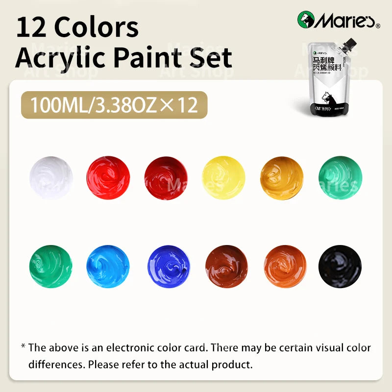 12 Colors Marie's Acrylic Paint Set,100ml/3.38oz,Vibrant Colors,Perect for Artists,Paints on Rocks,Crafts,Canvas,Wood,Stone