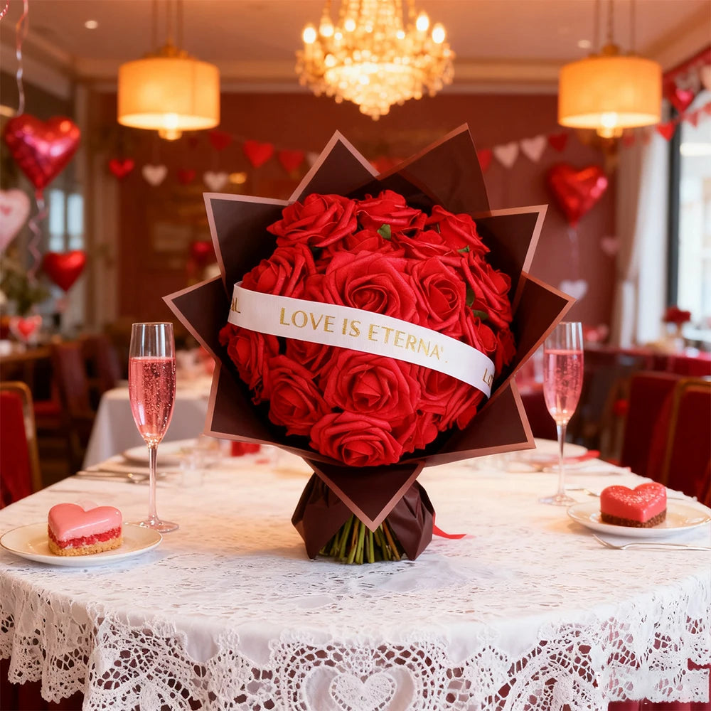 Red Rose Artificial Flowers DIY Bouquets 25PCS Set PE Roses Fake Flower for Wedding Party Centerpieces Decor Valentines Gifts