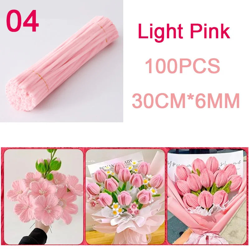 100Pcs Colorful Chenille Stems Pipe Cleaners Plush Tinsel Stem Wired Twist Sticks DIY Hair Flowers Kids Toys Handmade Craft Gift