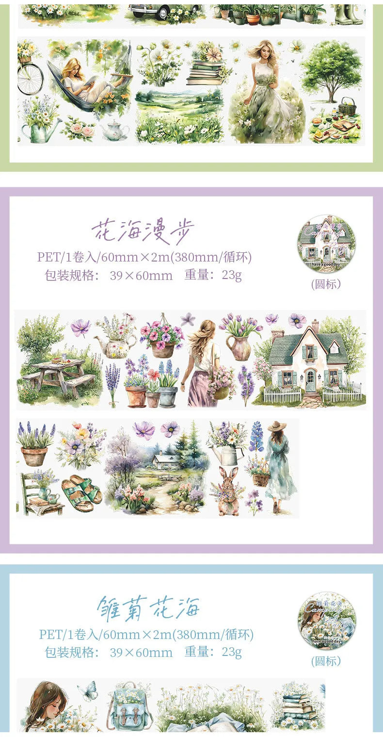 Journamm 60mm*2m Transparent PET Aesthetic Tape Flower Tape Decor Junk Journal DIY Scrapbooking School Supplies Collage Tapes