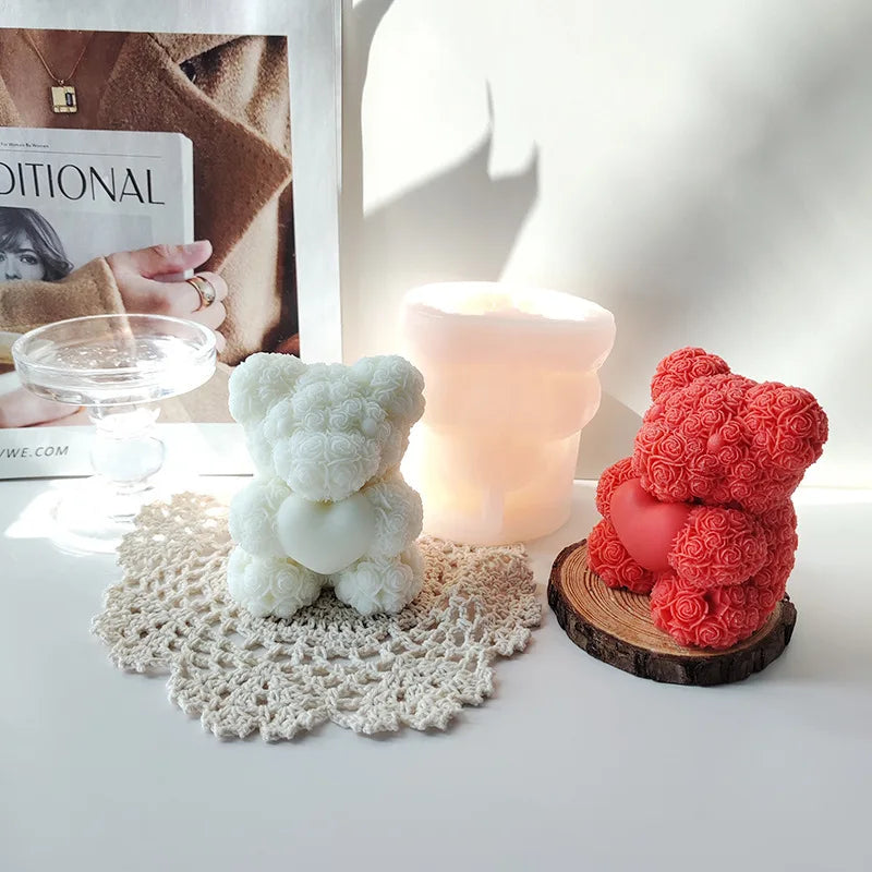 3D Rose Love Bear Silicone Candle Molds Handmade Cute Animal Soap Plaster Resin Crafts Mold DIY Chocolate Ice Cake Baking Tools