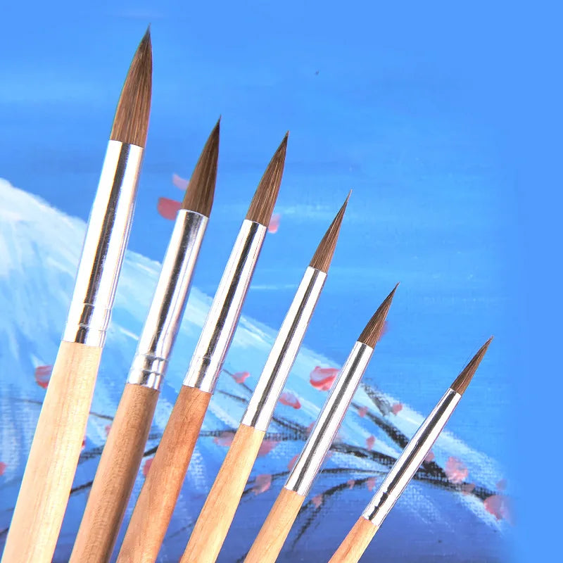 6pcs/Set,weasel hair circular head short wood rod brush watercolor brush painting pen acrylic oil painting brush art supplies