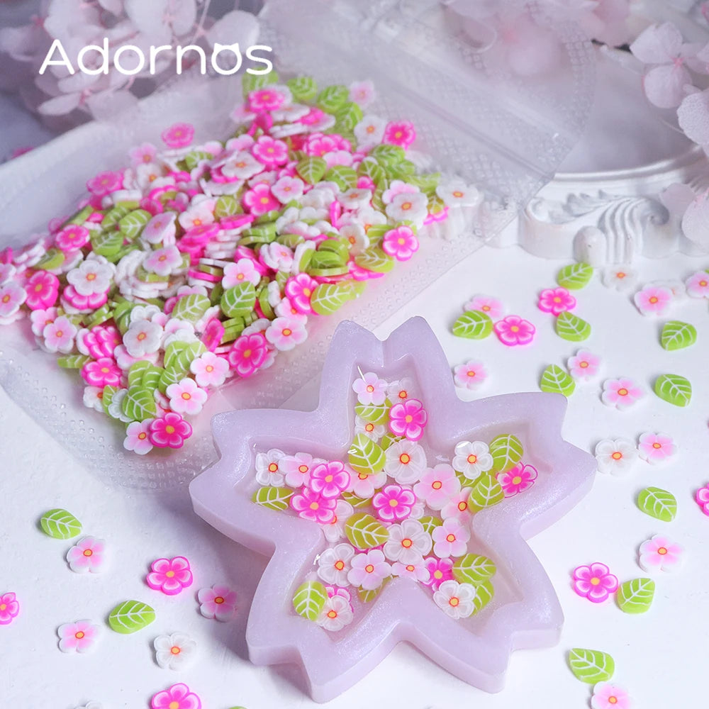 10g Pink Flowers Polymer Clay Slices Epoxy Resin Filling Mixed Cherry Blossom Leaf Slime Flake Spring DIY Pendant Crafts Making