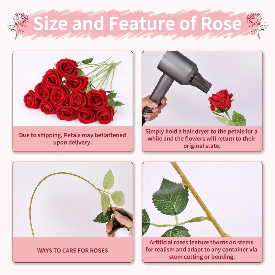 102 PCS Fake Roses Artificial Flowers Bulk Red Roses Silk Faux Rose with Stems for Wedding Flowers Decoration Valentine's Day B