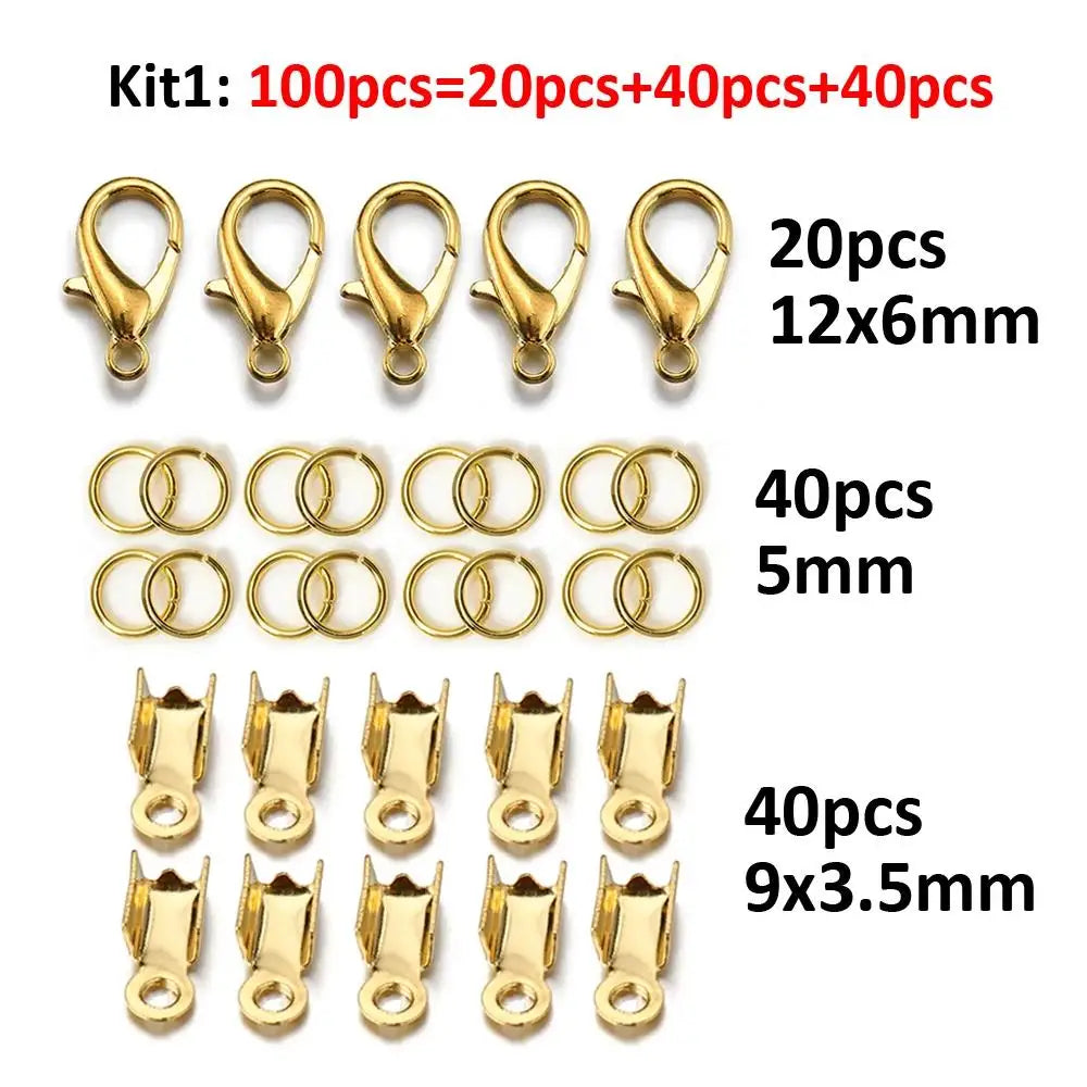 100pcs Jewelry Making Kit Components Lobster Clasp Jump Rings Connector Crimp End Beads for DIY Bracelet Necklace Chains