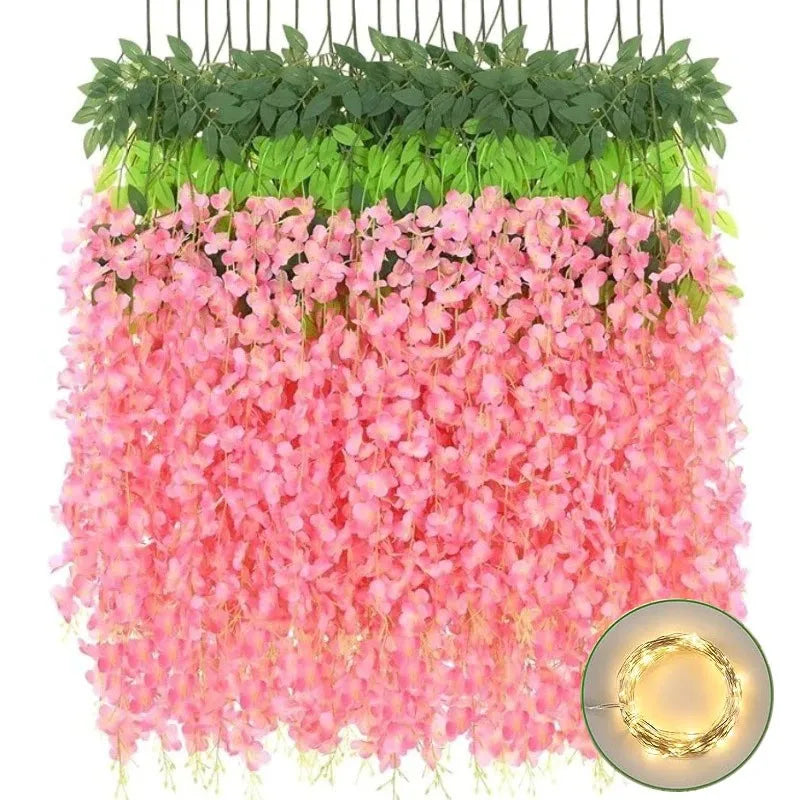 5/10Pcs 110cm Artificial Hanging Flower White Silk Wisteria Vine with Lights Garland for Aesthetic Room Party Garden Home Decor