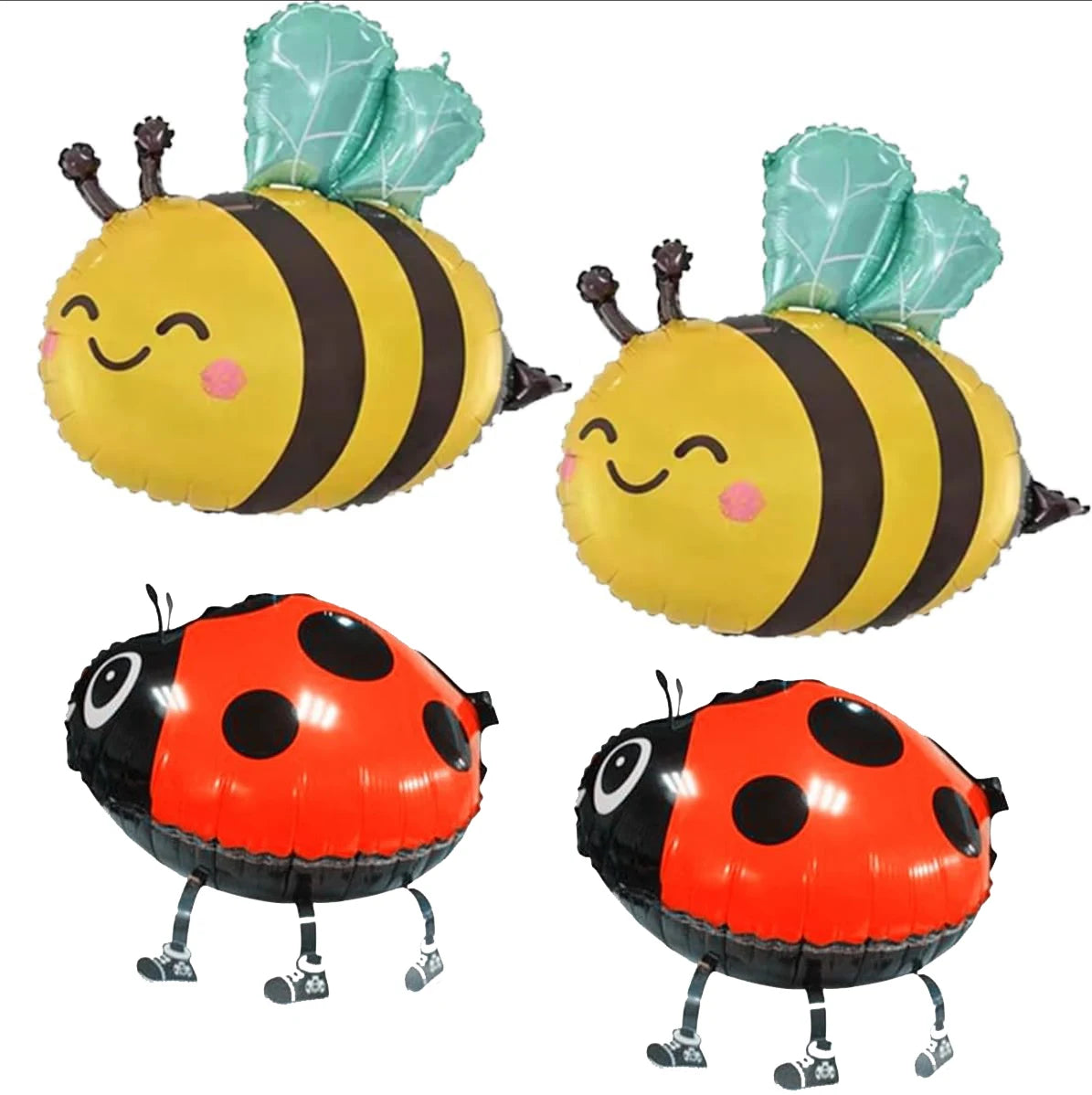 Cartoon Bee & Ladybug Balloons (4 Pcs) - 2 Big Smiling Bees & 2 Walking Ladybugs  for Baby Showers, Birthdays Bee Theme Decor