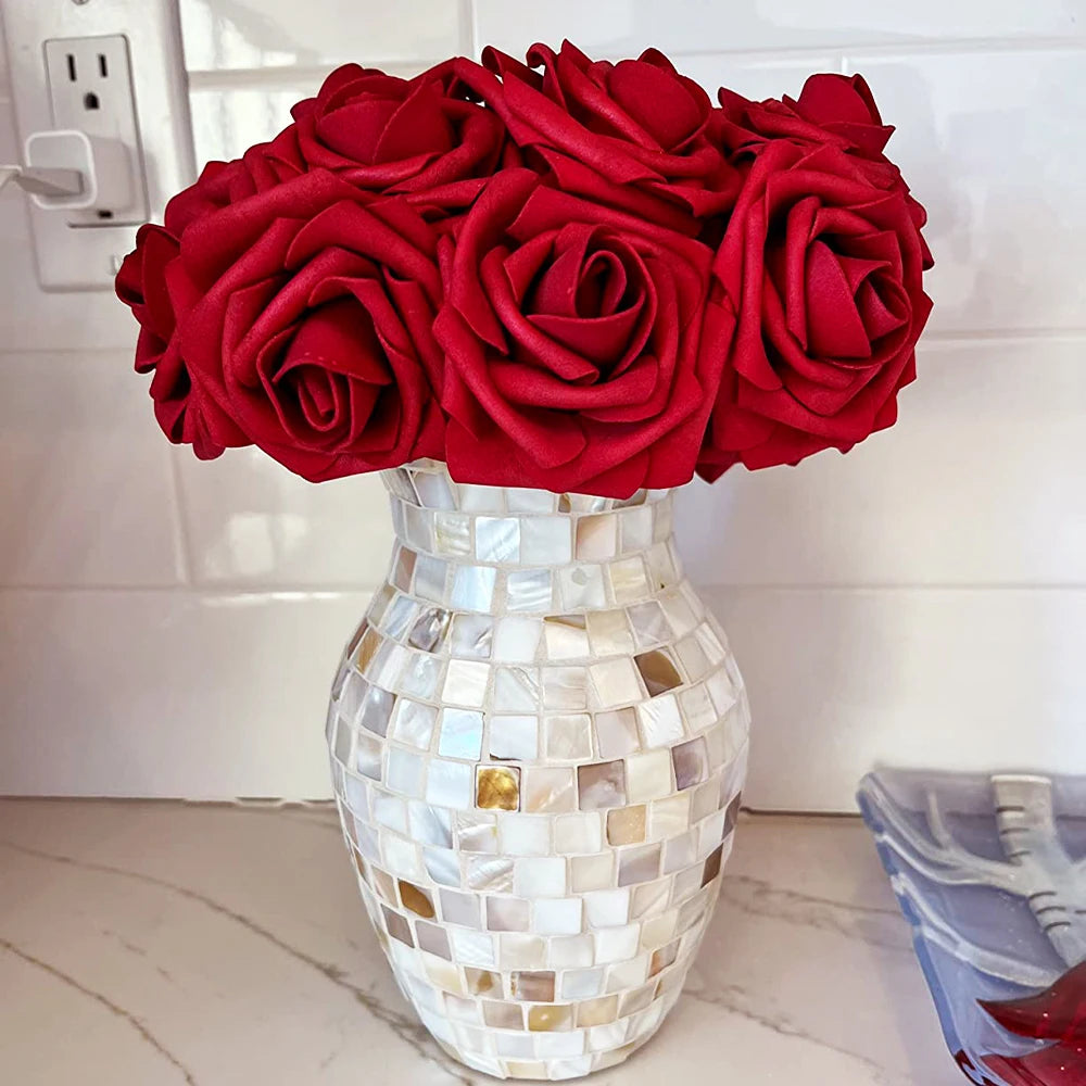 Red Rose Artificial Flowers DIY Bouquets 25PCS Set PE Roses Fake Flower for Wedding Party Centerpieces Decor Valentines Gifts