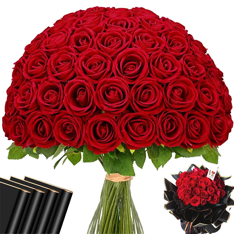 Red Roses Artificial Flowers Bulk Real Touch Velvet Roses Flowers for Wedding Centerpieces Bridal Bouquet Valentines Day Decor
