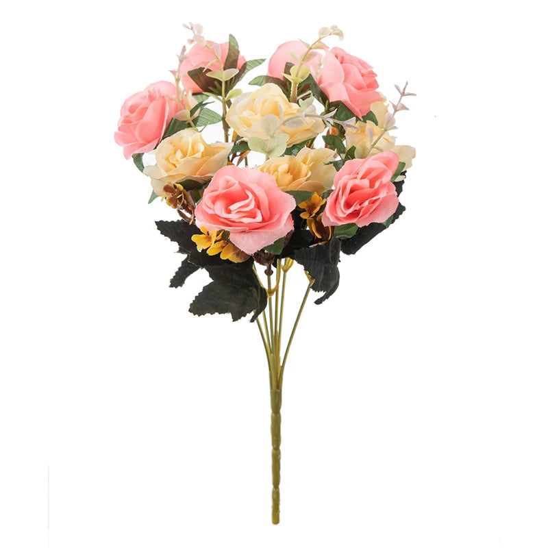 12 Heads Artificial Flowers Silk Mini Roses with Leaf Bouquet for Home Hotel Wedding Christmas Tables Decorations Bridal Bouquet