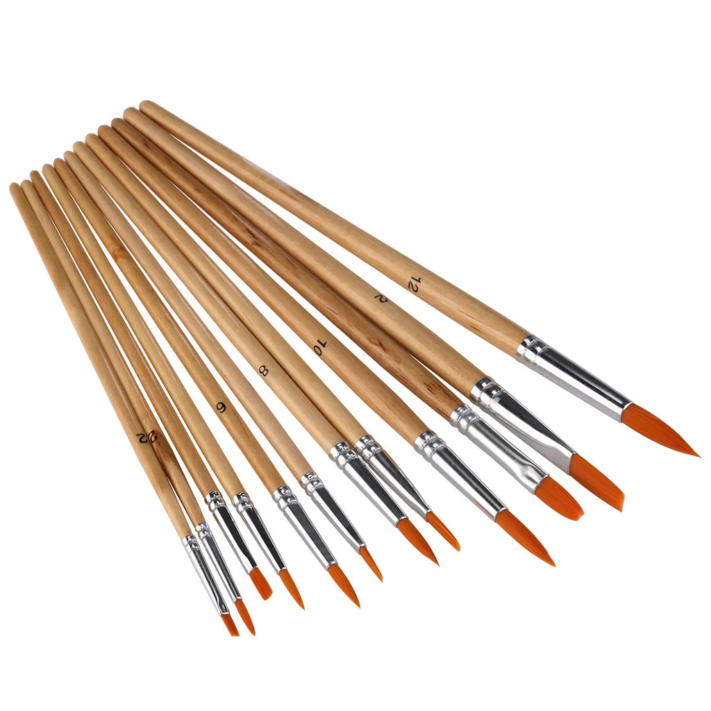 12Pcs Professional Watercolor Brush Set for Artists Acrylic Oil Painting Nylon Hairs Round Pointed Flat Double Crimped Ferrules