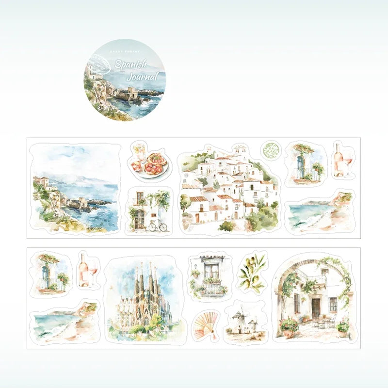 6Style 1Roll/bag Travel Scenic Story Series Die Cut Tape Creative DIY Handbook Scrapbook Phone Case Card Hang Tag