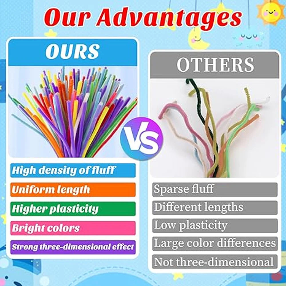1500-100Pcs Multicolor Craft Pipe Cleaners Chenille Stems Plush Stick DIY Twisting Sticks for Kids Arts Handcraft Decor
